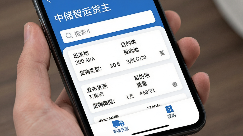 一张手机屏幕展示中储智运货主APP主界面的图片,界面顶部显示中储智运货主字样和搜索框,中间是清晰的货源列表卡片,包含出发地、目的地、货物类型和重量信息,底部有发布货源、我的等导航栏,整体布局简洁,蓝白配色,风格现代扁平,画质干净无多余元素。