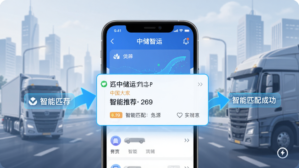 一张展示中储智运货主APP智能推荐货源功能的图片,手机屏幕中央显示一条高亮匹配的货源信息,旁边有箭头和标签指示智能匹配成功,背景是淡淡的城市道路和货车轮廓,风格科技感,画质清晰干净,无多余元素。