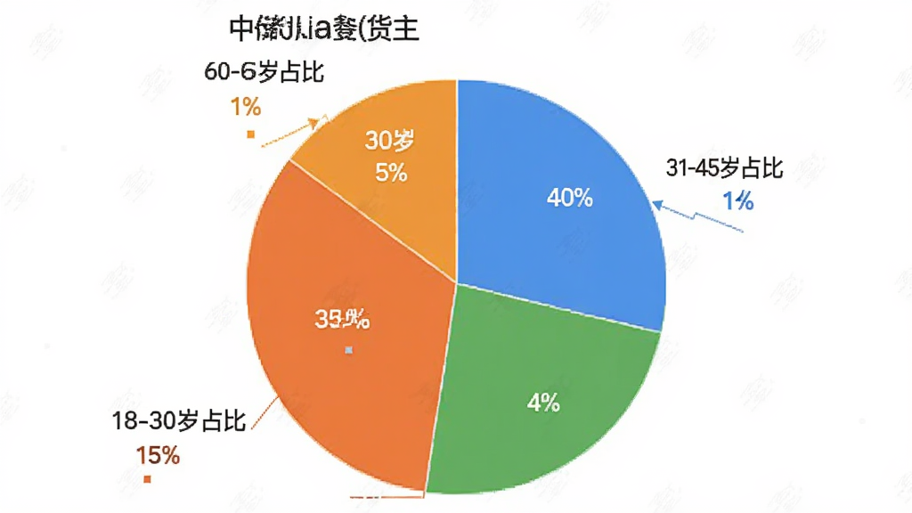 一张展示中储智运货主APP用户年龄分布的饼状图,图表分为四个区块,分别标注18-30岁占比15%,31-45岁占比40%,46-60岁占比35%,60岁以上占比10%,配色清晰,风格简洁商务,画质干净无多余元素。