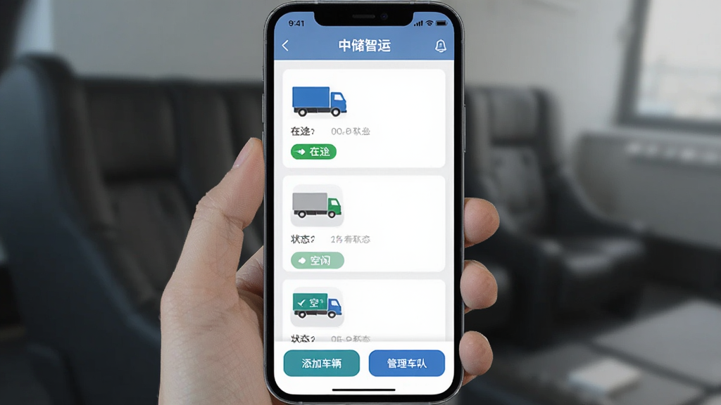 一张展示中储智运货主APP车辆管理界面的图片,手机屏幕上显示多辆货车的图标和状态标签,有的显示在途,有的显示空闲,界面下方有添加车辆和管理车队的按钮,布局清晰,风格简约商务,画质干净无多余元素。