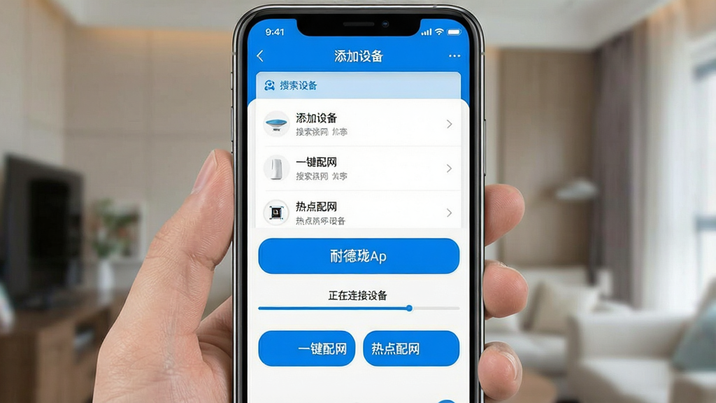 一张展示耐德珑App配网流程的界面截图,画面中手机屏幕显示“添加设备”页面,上方是搜索到的设备列表,下方有“一键配网”和“热点配网”两个大按钮,中间有进度条显示“正在连接设备”,整体风格简洁明快,蓝白配色,文字清晰,画质干净