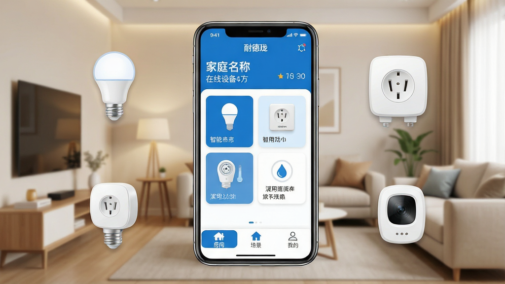 一张展示耐德珑App核心全貌的场景图,画面中央是一部智能手机,屏幕上显示耐德珑App的主界面,界面以蓝白配色为主,顶部显示家庭名称和在线设备数量,中间是常用设备卡片如智能灯泡、智能插座、温湿度传感器,底部是房间、场景、我的三个选项卡,手机周围环绕着智能灯泡、智能插座、传感器等设备图标,背景是温馨的现代家居环境,风格干净简约,画质清晰,无多余元素