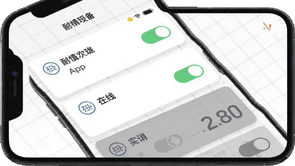 一张展示耐德珑App设备状态页面的界面图,手机屏幕显示设备列表,每个设备卡片上有设备名称、在线状态图标、开关按钮和实时功率数值,离线设备用灰色标注,背景是浅色网格,风格扁平化,文字清晰,画质干净