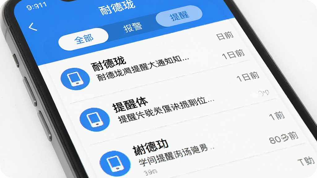 一张展示耐德珑App消息通知中心的界面图,手机屏幕显示通知列表,每条通知有设备图标、设备名称、提醒内容和时间,顶部有筛选标签如“全部”“报警”“提醒”,风格简洁,蓝白配色,画质清晰