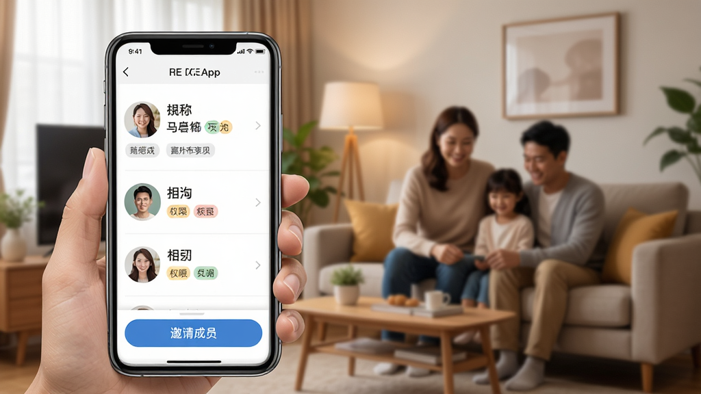 一张展示耐德珑App家庭共享功能的示意图,画面中一部手机显示家庭成员列表,有头像、昵称和权限标签,旁边有“邀请成员”按钮,背景是家庭客厅场景,风格温馨,画质清晰,无多余元素