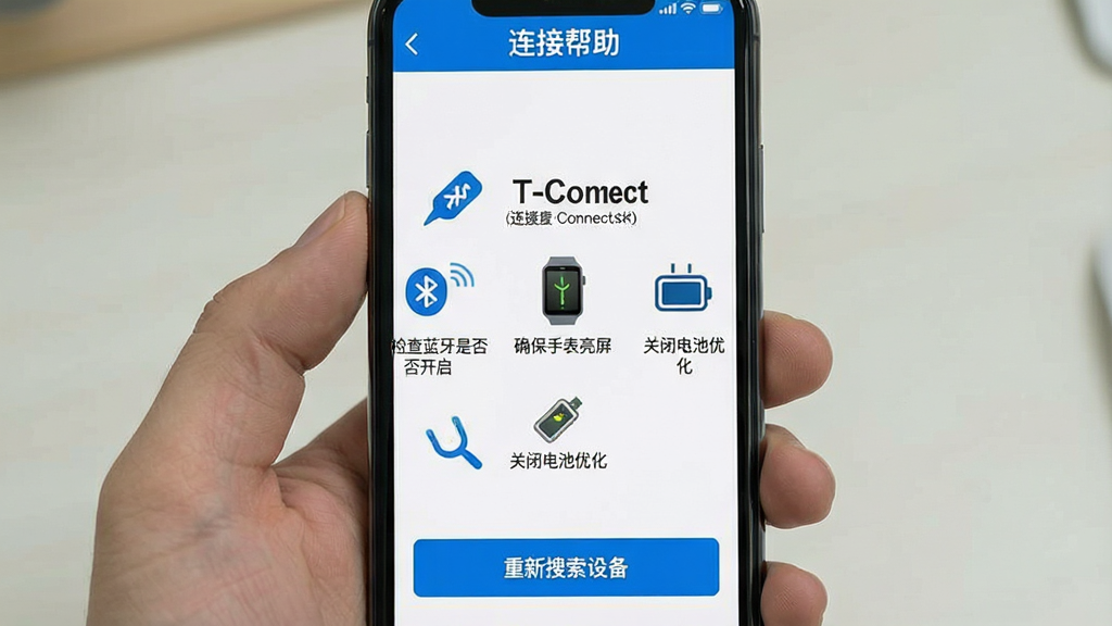 һ��չʾT-ConnectӦ�����ӹ����Ų�ָ�ϵ�ͼƬ��������һ���ֻ���Ļ��ʾ�����Ӱ�����ҳ�棬�����С�T-Connect�����⣬�м��ǲ���ʽ��ͼ�Ľ̳̣���������������Ƿ���������ȷ���ֱ������������رյ���Ż������������ͼ�������˵��������ײ��С����������豸������ɫ��ť�������������׶�����ɫ����ɫ�Ͱ�ɫΪ�������ʸɾ����޶���Ԫ��