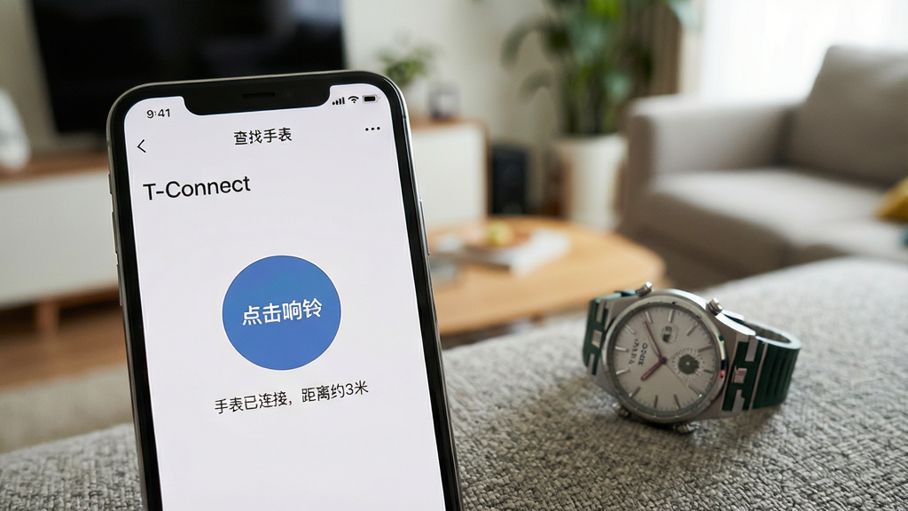 һ��չʾT-ConnectӦ�ò����ֱ����ܵ�ͼƬ��������һ���ֻ���Ļ��ʾ�������ֱ������棬�м���һ����Ŀ��Բ�ΰ�ťд�š�������塱���·��С��ֱ������ӣ�����Լ3�ס���������ʾ��������ģ���Ŀ����������ֻ��Ա���Լ�ɼ�һֻ�����ֱ�����ɳ���ϣ�����������������������޶���Ԫ��