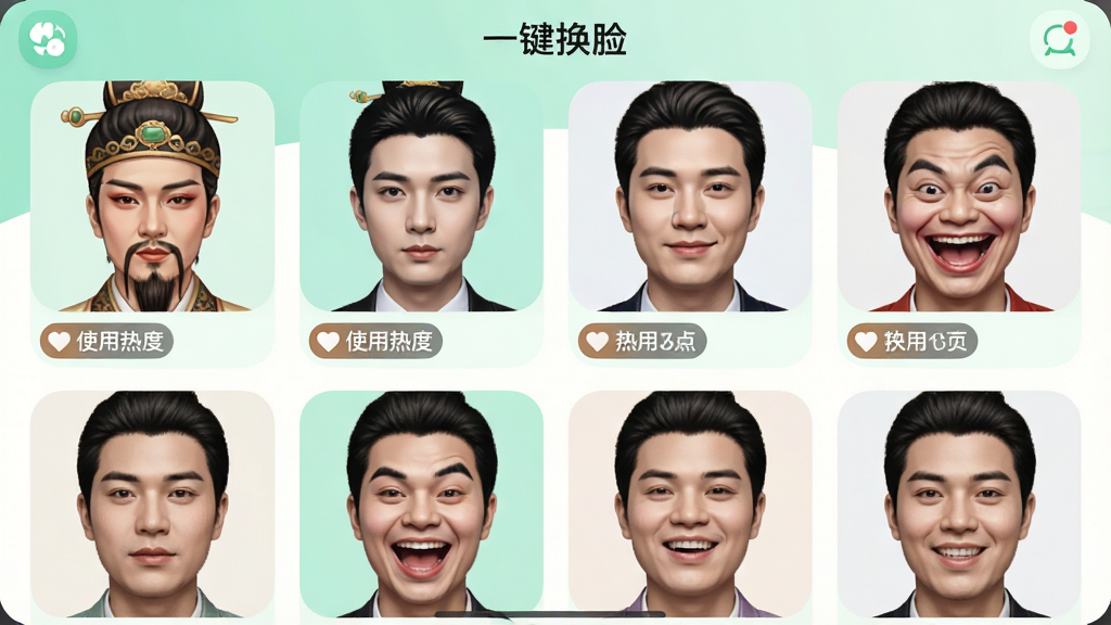 一张手机应用界面截图,展示“一键换脸”app的素材库页面,页面以网格形式排列着多张不同风格的人脸模板,包括古装、现代、搞笑等类型,每张模板下方有使用热度标签,界面配色清新,图标圆润,画质干净无多余元素