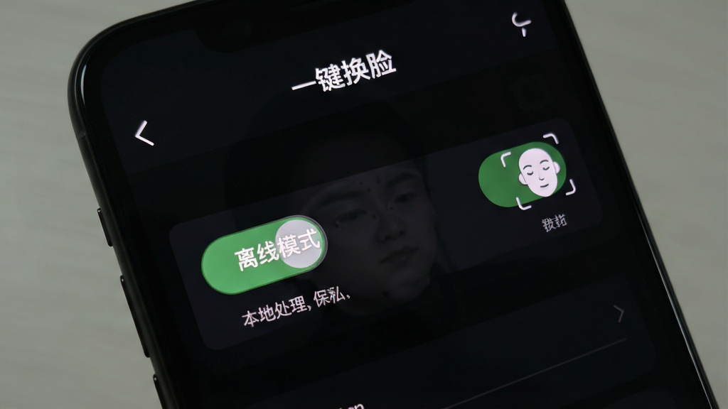 一张手机屏幕显示“一键换脸”app的设置页面,画面中有一个“离线模式”的开关按钮处于开启状态,旁边有文字说明“本地处理,保护隐私”,背景是深色模式界面,风格简洁,画质清晰,无多余元素