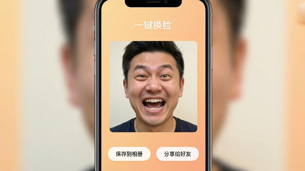 一张手机屏幕显示“一键换脸”app的导出成功界面,画面中间是一张合成好的搞笑换脸照片,下方有“保存到相册”和“分享给好友”两个按钮,背景是柔和的暖色调,界面布局清晰,画质干净,无多余元素
