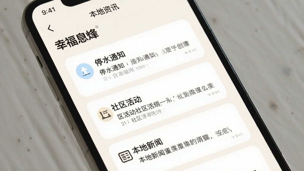 一部手机屏幕特写,屏幕上显示“幸福息烽”App的本地资讯列表页,列表项包含“停水通知”、“社区活动”、“本地新闻”等卡片式布局,背景为浅色,文字清晰,排版整齐,风格简约现代,画质干净,无多余元素。