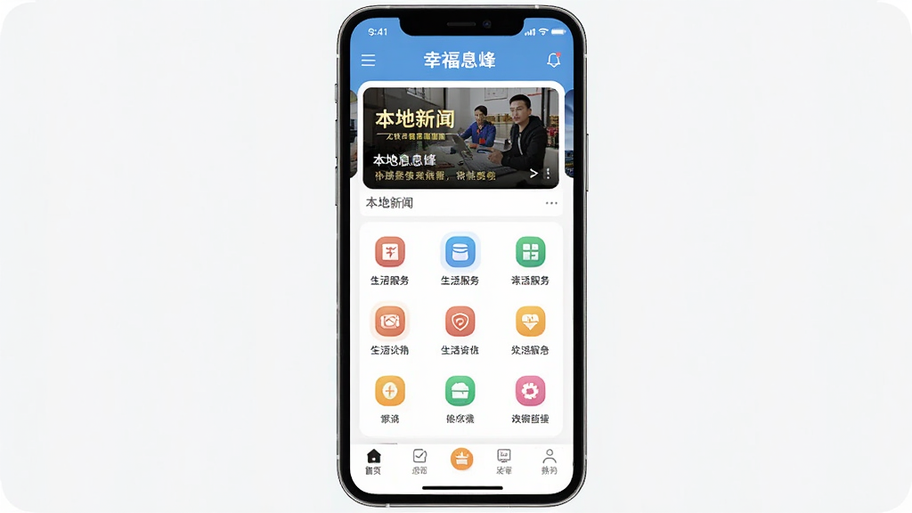 一张展示“幸福息烽”App核心界面的手机样机图,画面主体是一部立着的智能手机,屏幕里显示着“幸福息烽”的首页,布局清晰,顶部是本地新闻轮播图,中间是生活服务图标矩阵,底部是导航栏,整体排版简洁,风格现代扁平化,细节圆润,画质干净,无多余元素。