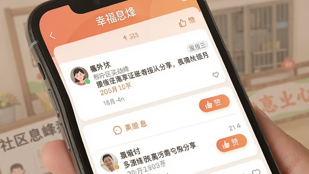 一张展示社区互动界面的手机截图,画面中“幸福息烽”App的社区板块,有用户头像、文字分享内容和点赞按钮,布局为信息流样式,风格温馨亲切,色彩柔和,画质干净,无多余元素。