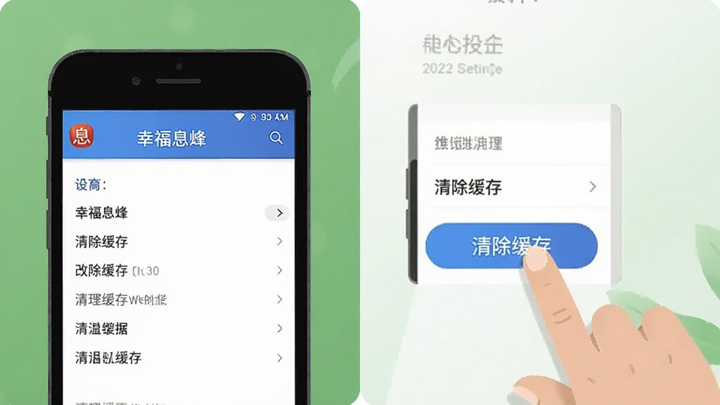 一张展示手机清理缓存步骤的示意图,画面中手机屏幕显示“幸福息烽”App的设置页面,手指正点击“清除缓存”按钮,布局简洁,风格扁平化,画质干净,无多余元素。