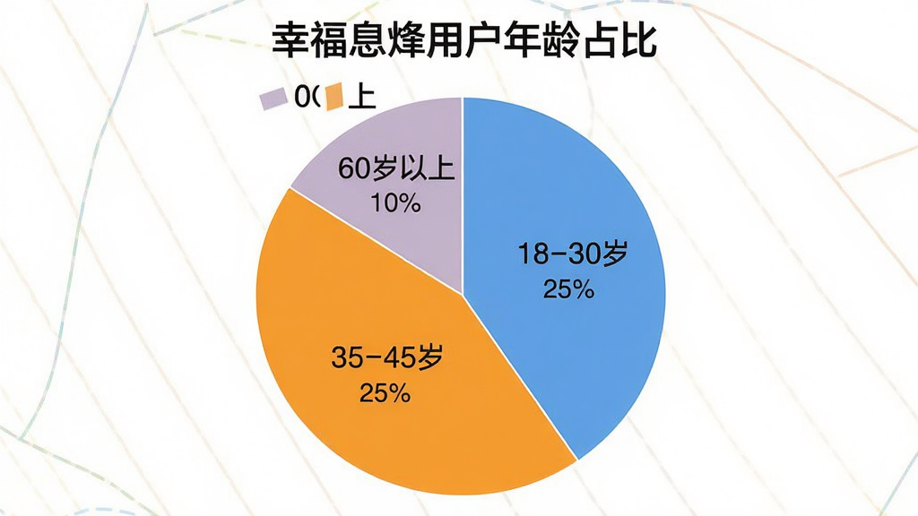 一张展示用户年龄分布的饼状图,图表标题为“幸福息烽用户年龄占比”,饼图分为四块,分别标注“18-30岁 25%”、“30-45岁 40%”、“45-60岁 25%”、“60岁以上 10%”,配色清晰,风格简洁,画质干净,无多余元素。