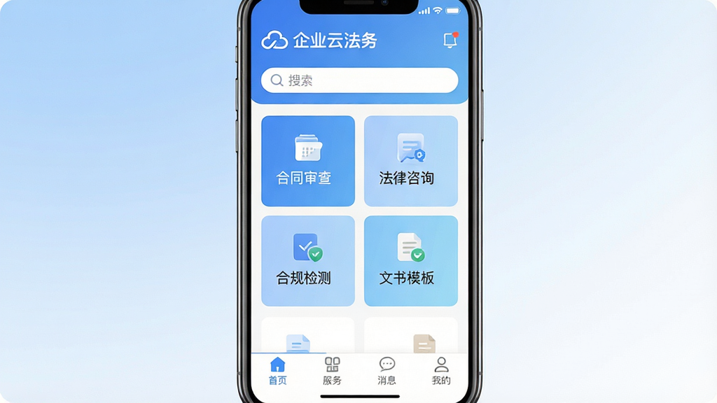 企业云法务应用主界面全面展示,画面中央是手机屏幕,屏幕内显示企业云法务app的首页,顶部有企业云法务文字标识和搜索栏,中部是合同审查、法律咨询、合规检测、文书模板四个功能卡片整齐排列,底部为首页、服务、消息、我的四个导航标签,背景是柔和的蓝白渐变,整体风格简洁专业,细节清晰,画质干净无多余元素