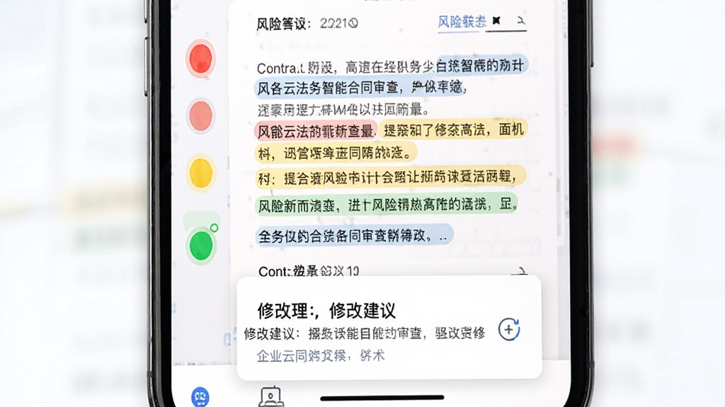 企业云法务智能合同审查功能界面,手机屏幕显示一份合同文档,文档中部分条款被高亮标注,左侧有红色黄色绿色的风险等级标识,底部弹出修改建议卡片,界面风格商务简洁,蓝白配色,文字清晰可读,画质干净无多余元素