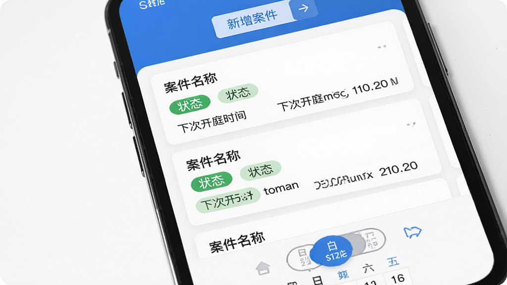 企业云法务案件进度管理界面,手机屏幕显示案件卡片列表,每张卡片包含案件名称、状态标签、下次开庭时间,顶部有新增案件按钮,底部有日历视图切换选项,界面风格商务高效,蓝白配色,画质干净无多余元素