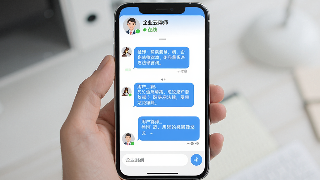 企业云法务在线法律咨询聊天界面,手机屏幕显示对话框,用户提问内容与律师回复内容交替排列,顶部显示律师头像和在线状态,底部有输入框和发送按钮,界面风格清爽,蓝白主色调,文字排版整齐,画质干净无多余元素