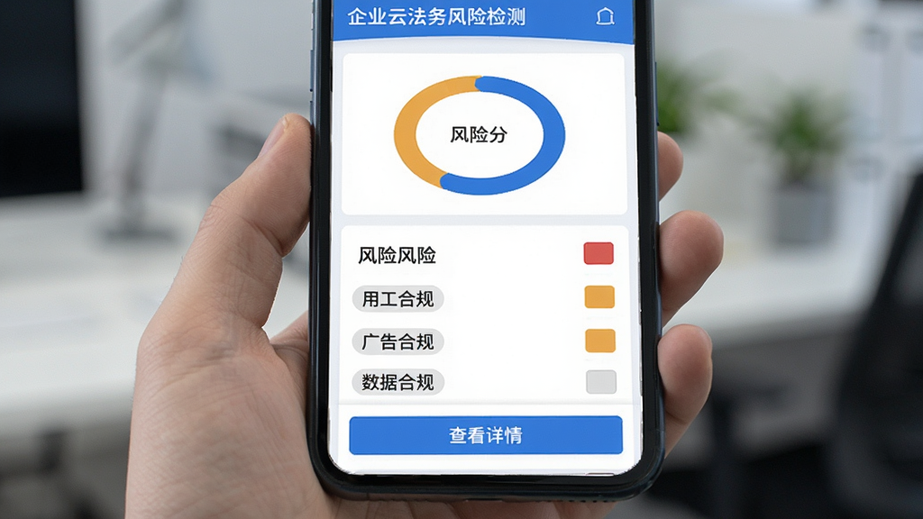 企业云法务合规风险检测仪表盘界面,手机屏幕显示风险评分环形图和分类风险列表,列表项包含用工合规、广告合规、数据合规等标签,每项后面有风险等级色块,底部有查看详情按钮,界面风格数据可视化,蓝白配色,画质干净无多余元素