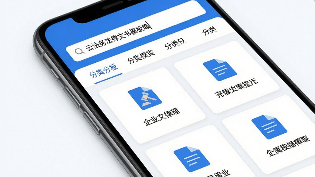 企业云法务法律文书模板库界面,手机屏幕显示分类标签栏和文书模板卡片列表,卡片上有文档图标和模板名称,顶部搜索框显示搜索模板文字,界面风格整洁有序,蓝白配色,文字清晰,画质干净无多余元素