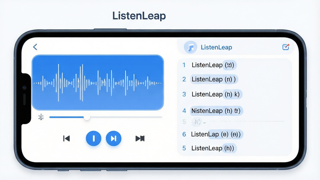 һ��չʾListenLeapӢ�������������Ľ����ͼƬ��������һ�������ֻ���Ļ����Ļ����ʾ��ListenLeap�Ĳ��Ž��棬������Ƶ����ͼ�����ſ��ư�ť�������Ļ�б������ּ���������Ű�������Ϊ��ɫ��������ִ���ƽ����ϸ��Բ�󣬻��ʸɾ��޶���Ԫ�أ���Ļ�Ϸ��С�ListenLeap�����ֱ�ʶ
