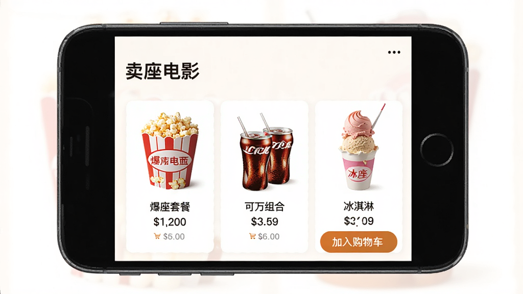 һ���ֻ���Ļչʾ��������Ӱ��APP����Ʒ�̳�ҳ�棬������չʾ���׻��ײ͡�������Ϻͱ���ܵ�ͼƬ��۸��Ա��С����빺�ﳵ����ť����������ܰ��ʳ��ͼƬ��ʳ���У��������������ʸɾ��޶���Ԫ��