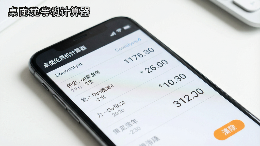 一张展示桌面免费手机计算器历史记录功能的图片,主体是手机屏幕,屏幕上显示着计算历史列表,每一条记录都清晰排列,旁边有一键清除按钮,布局为上下结构,排版整齐,风格清爽,细节上记录条目有浅色分割线,背景干净,画质清晰,屏幕上带有文字“桌面免费手机计算器”。