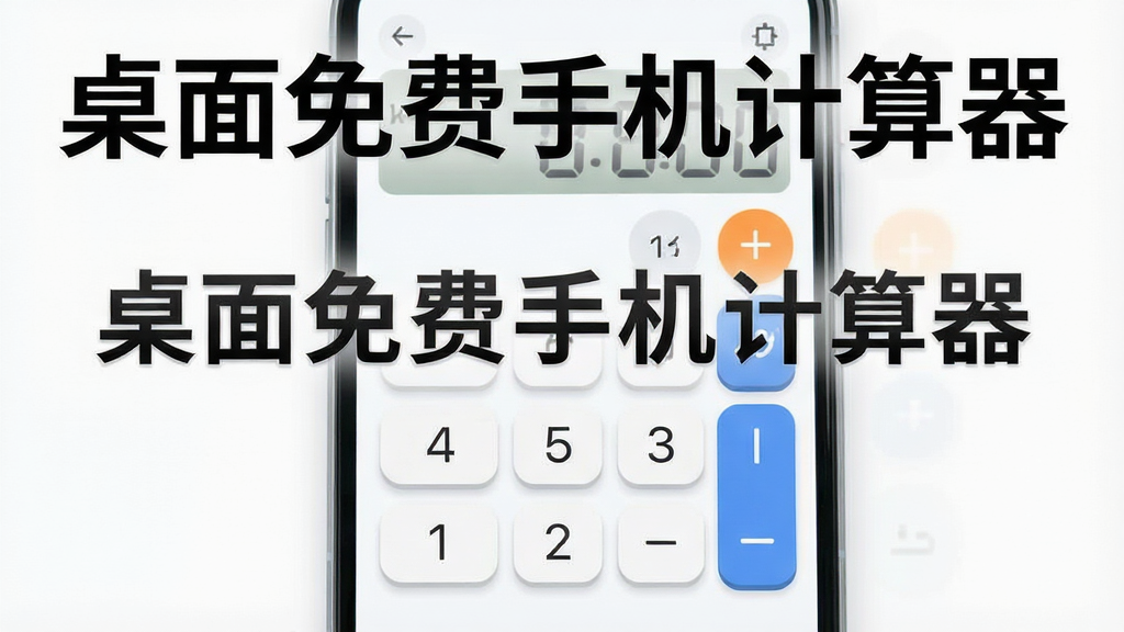 一张展示桌面免费手机计算器软件核心全貌的图片,主体是一个简洁的手机屏幕界面,屏幕中央显示着数字键盘和运算符号,布局清晰,排版规整,风格现代扁平化,细节上按键有圆润的倒角,背景干净无多余元素,画质清晰明亮,屏幕上醒目地展示着文字“桌面免费手机计算器”。