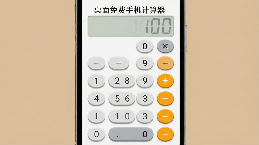 一张展示桌面免费手机计算器极简无广告界面的图片,主体是手机屏幕,屏幕上显示着干净的计算器界面,有清晰的数字按键和加减乘除符号,布局简洁明了,排版居中对称,风格清新简约,细节上按键有轻微的立体感,背景是纯色无杂乱元素,画质干净通透,屏幕上带有文字“桌面免费手机计算器”。