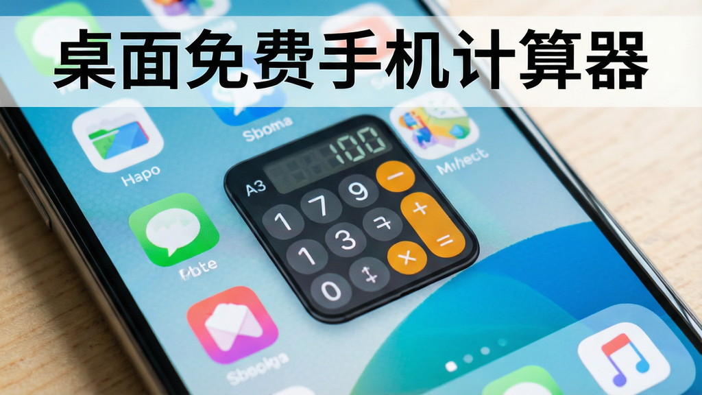 一张展示桌面免费手机计算器桌面小组件功能的图片,主体是手机桌面,桌面上有一个小巧的计算器小组件,旁边是其他应用图标,布局自然,排版错落有致,风格生活化,细节上小组件显示着简单的数字和运算符号,背景是常见的手机壁纸,画质明亮,屏幕上带有文字“桌面免费手机计算器”。