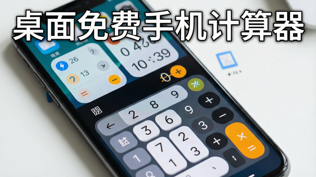 一张展示桌面免费手机计算器在手机桌面上运行状态的图片,主体是手机屏幕,屏幕上显示着计算器界面和桌面小组件,布局清晰,排版合理,风格日常实用,细节上能看到清晰的数字按键和运算符号,背景干净,画质明亮,屏幕上带有文字“桌面免费手机计算器”。