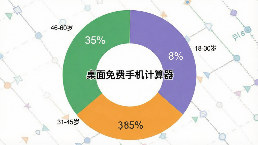 一张展示不同年龄段用户使用桌面免费手机计算器的饼状图,主体是饼状图,图表上有不同颜色的扇形区域,分别标注着18-30岁、31-45岁、46-60岁等年龄段,布局居中,排版清晰,风格数据可视化,细节上每个扇形区域有百分比标注,背景干净,画质清晰,图表中央带有文字“桌面免费手机计算器”。