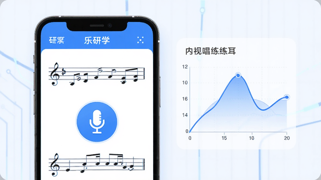 一张展示“乐研学”App内视唱练耳功能的图片,画面中手机屏幕显示着五线谱和麦克风图标,旁边有音准曲线实时波动,布局简洁,风格科技感,以蓝色和白色为主色调,细节清晰,画质干净。