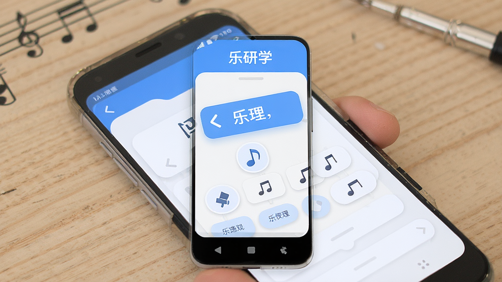 一张展示“乐研学”App在安卓手机上运行界面的图片,画面中手机屏幕显示着乐理闯关关卡选择页面,布局清晰,风格现代扁平,以蓝色和白色为主色调,细节圆润,画质干净无多余元素。