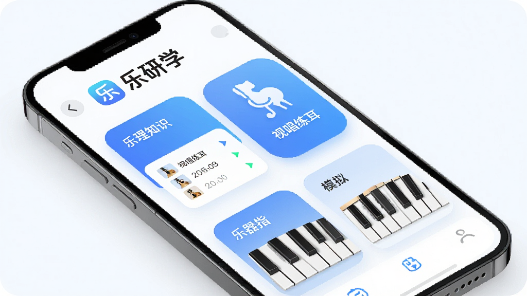 一张展示“乐研学”音乐学习App核心界面的图片,主体是一个智能手机屏幕,屏幕内显示着“乐研学”的Logo和主界面,布局包含乐理知识卡片、视唱练耳入口、乐器指法模拟等模块,排版清晰,风格现代简约,以蓝色和白色为主色调,细节圆润,画质干净无多余元素。