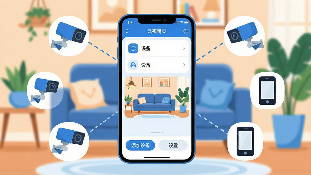 一张展示手机远程监控场景的图片,画面中央是一部智能手机,屏幕显示“云视精灵”App的主界面,界面布局简洁,顶部是设备列表,中间显示实时监控画面,底部有添加设备和设置按钮。手机周围环绕着几个不同角度的摄像头图标和旧手机图标,通过虚线连接到手机屏幕上,代表多设备连接。背景是温馨的家居环境,有沙发和绿植。风格现代扁平化,色彩以蓝白为主,细节圆润,画质干净清晰,无多余元素。