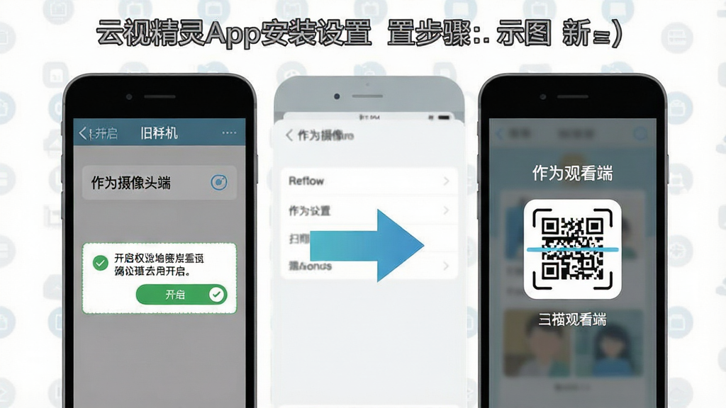 一张展示云视精灵App安装设置步骤的示意图,画面分为左右两部分,左侧是旧手机设置界面,显示“作为摄像头端”选项和权限开启提示;右侧是新手机界面,显示“作为观看端”和扫描二维码的图标。中间用箭头连接,背景是手机设置菜单的简化图示。风格扁平化教程图,色彩清晰,文字标签明确,画质干净,无多余元素。