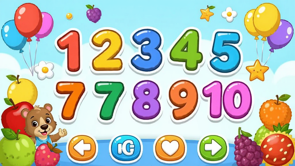 宝宝玩数字 幼儿数字启蒙App 主界面全貌 卡通风格 画面中央是色彩鲜艳的数字1到10 周围环绕着水果 小动物 气球等可爱元素 底部有互动按钮 整体布局清晰 风格活泼童趣 画质干净 无多余元素