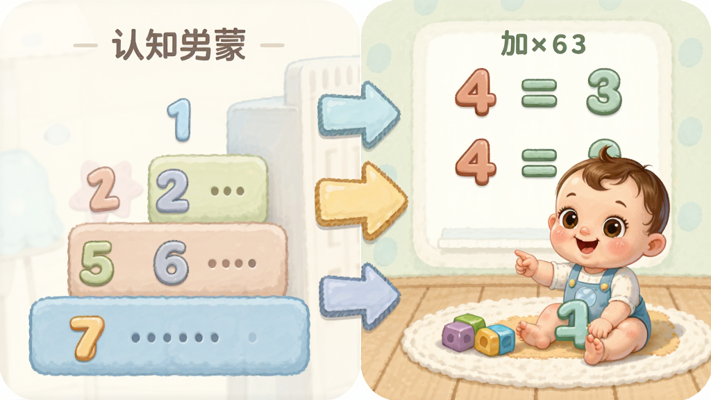 宝宝玩数字 阶梯式数学启蒙界面 画面左侧显示数字认知关卡 右侧显示加减法练习场景 中间用卡通箭头连接 风格可爱 色彩柔和 画质清晰 无多余元素