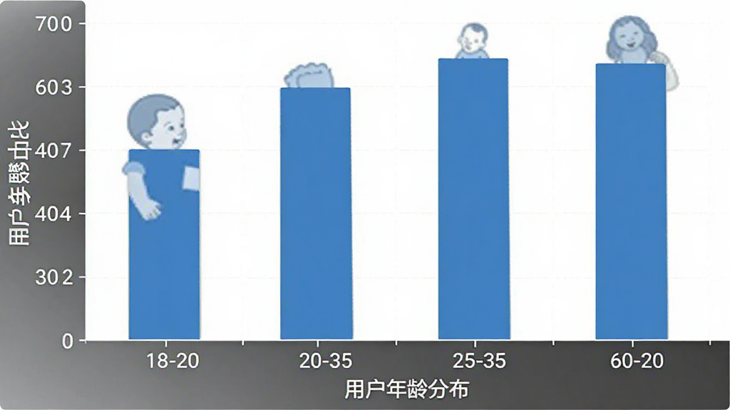 宝宝玩数字 用户年龄分布柱状图 横轴为年龄段18-60岁 纵轴为占比 柱状图显示25-35岁家长占比最高 画面简洁 数据清晰 画质干净 无多余元素