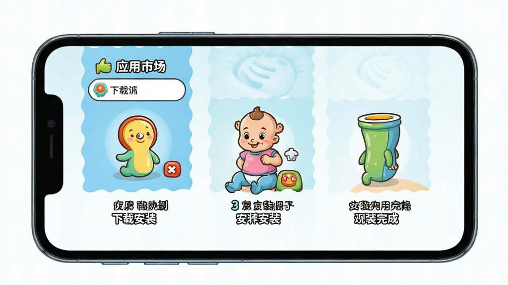 宝宝玩数字 安装使用教程 手机屏幕显示安装步骤 从应用市场搜索到下载安装完成 卡通风格 步骤清晰 画质干净 无多余元素
