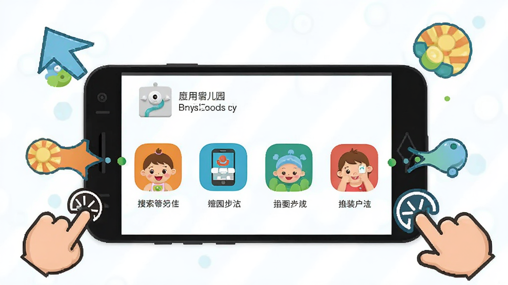 宝宝幼儿园 安装教程示意图,画面展示一部安卓手机,屏幕上显示从应用商店搜索到安装完成的四个步骤图标,手机周围有卡通箭头和手指点击的图标,布局清晰,风格为扁平化科技风,色彩明快,画质干净,无多余元素