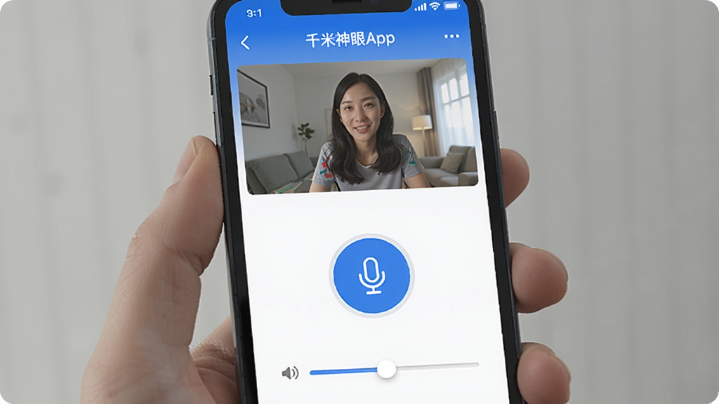 一部手机屏幕显示千米神眼App的语音对讲界面,画面中央有一个大圆形麦克风按钮,上方是实时视频画面,下方有音量调节滑块,整体风格简洁,蓝白配色,画质清晰