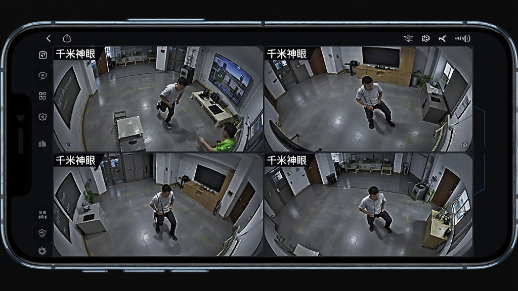 一部手机横屏显示千米神眼的多路监控画面,屏幕上同时呈现四个不同角度的实时视频窗口,每个窗口角落标注着“千米神眼”字样,背景是深色界面,风格科技感十足,画质清晰,排版整齐