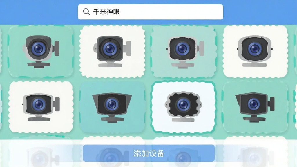 一张展示千米神眼App设备添加界面的图片,画面中有多种不同形状的摄像头图标排列在网格中,顶部搜索栏写着“千米神眼”,底部有“添加设备”按钮,风格扁平化,配色清爽,画质干净