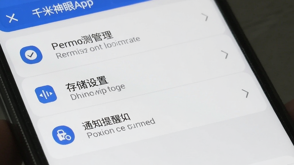 一张手机屏幕显示千米神眼App设置界面的图片,画面中有权限管理、存储设置、通知提醒等选项列表,每个选项旁边有对应的图标,整体风格简洁,蓝白配色,画质干净
