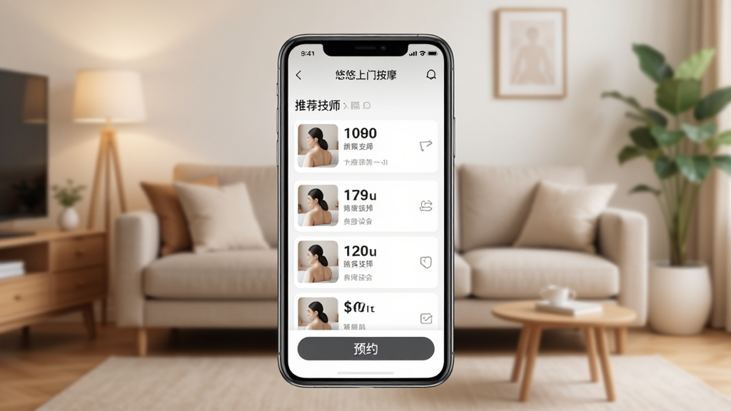 一张展示“悠悠上门按摩”应用核心界面的手机模型图,手机屏幕显示首页推荐技师列表和预约按钮,背景是温馨的居家客厅环境,布局居中,风格现代简约,细节清晰,画质干净,无多余元素