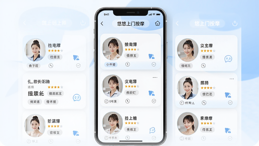 一张AI生成的图片,画面中“悠悠上门按摩”应用界面展示技师列表,每个技师卡片上有头像、评分和擅长标签,背景是简洁的白色和浅蓝色调,布局整齐,风格清新,画质干净无多余元素