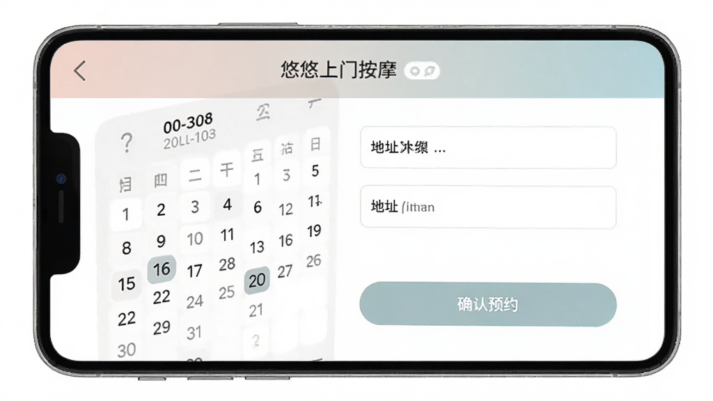 一张AI生成的图片,展示“悠悠上门按摩”应用内的预约界面,有日历选择时间、地址输入框和确认预约按钮,界面风格扁平化,配色柔和,布局清晰,画质干净无多余元素